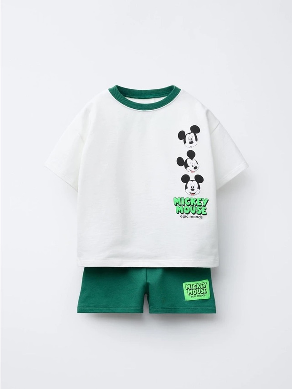 ZARA Kids Disney MICKEY MOUSE ringer tee and matching green shorts set